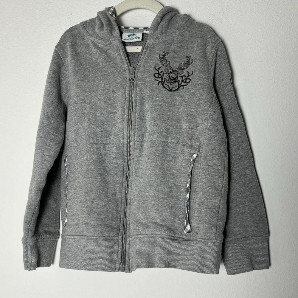 Isar-Trachten Zip Hoodie Jacket US 7-8 (128) Gray Gingham Embroidered Deer Stag
